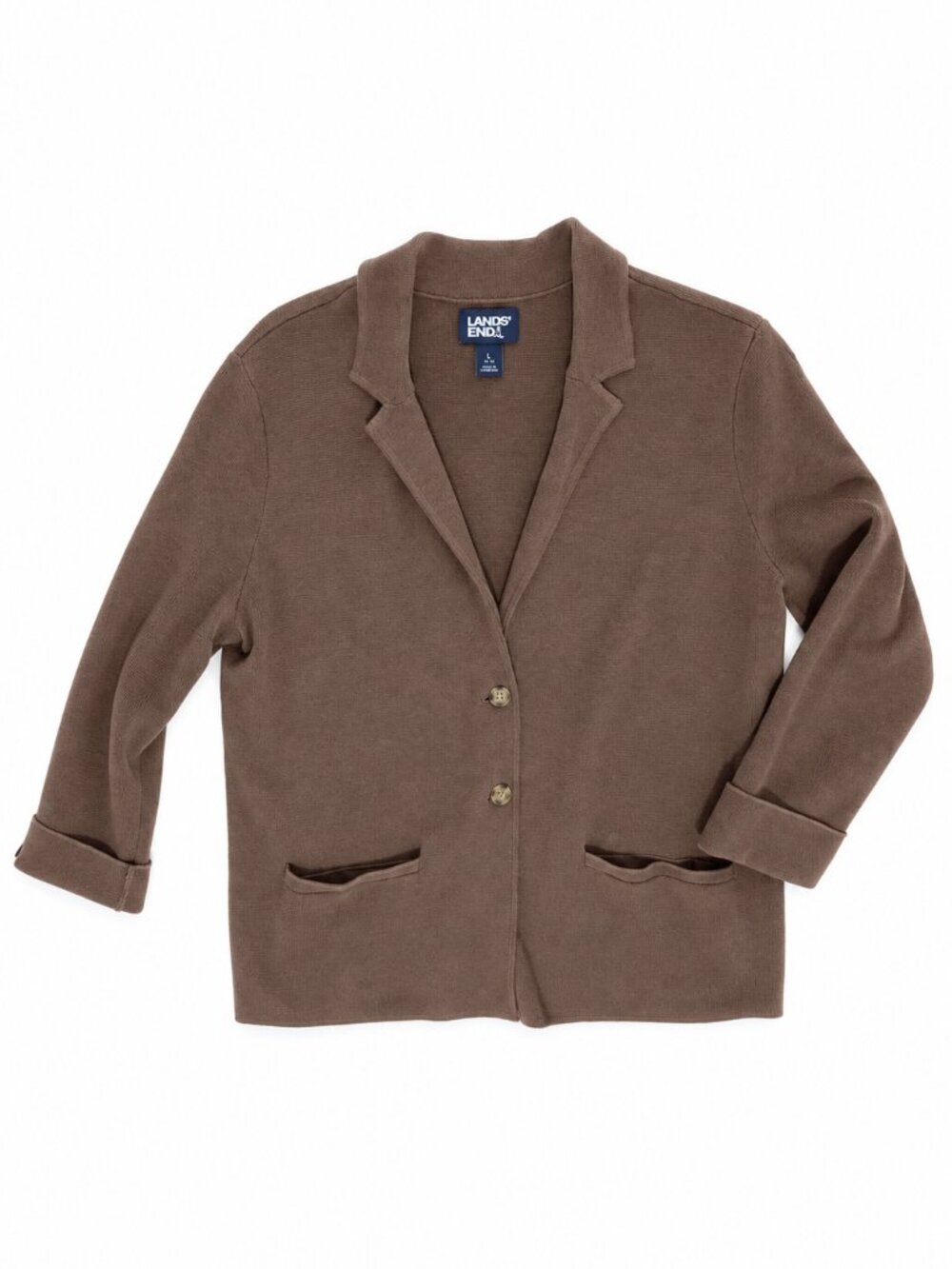 Lands’ End Fine Gauge Cotton Blazer Cardigan Sweater Brown L 14-16